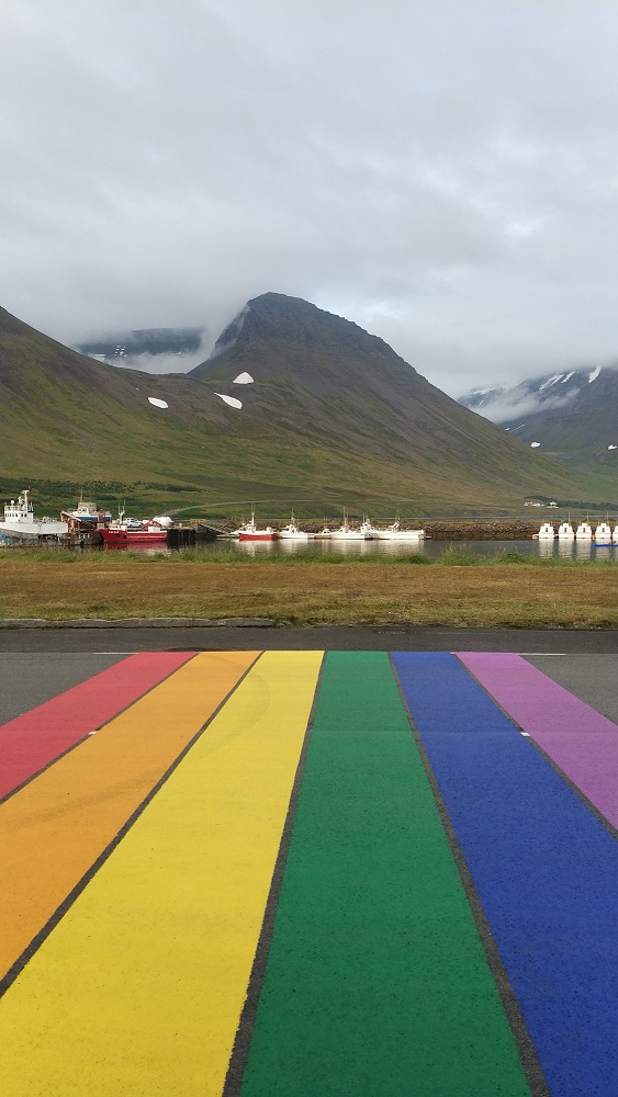 Straßenbemalung in Regenbogenfarben vor Bergkulisse mit Fjord (c) M. Bertholdt